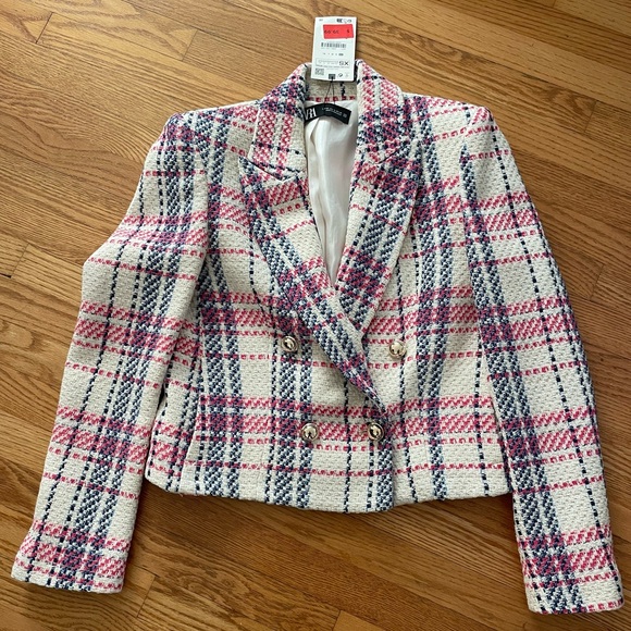 Zara Jackets & Blazers - Zara Blue Pink Cream Plaid Tweed Double Breasted Blazer NWT Size XS Cropped
